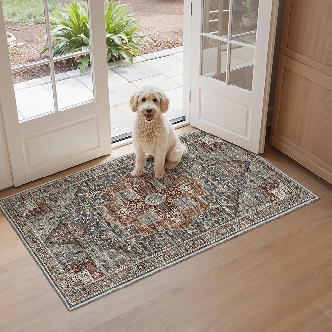 Roxstand Washable Runner Rug 2x4 - Vintage Non-Slip Small Area Rugs for Entryway, Low-Pile Stain Resistant Indoor Rug for Laundry Room Kitchen Bathroom Dining Room (Grey/Brown/Tan)