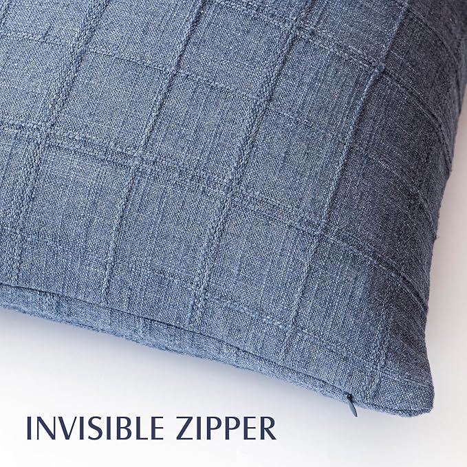 Foindtower Set of 2 Decorative Linen Check Throw Pillow Covers Neutral Farmhouse Lumbar Cushion Covers Modern Coastal Boho Home Decor for Sofa Chair Couch Bedroom Living Room,12×20 Inch,Blue