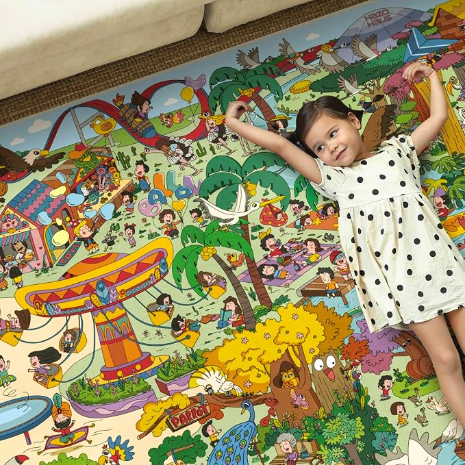 Hazo Haus Extra Large Jungle Explorer Rug 8x10 – Vibrant Cartoon Safari with Birds, Boats, Rides & Forest Scenes – Ideal for Playrooms, Classroom, Daycares, or Activity Spaces