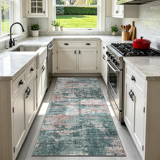 Sasttie 2x6 Soft Runner Rug for Entryway, Modern Abstract Washable Carpet for Hallway, Kitchen and Laundry Room, with Non-Slip Backing, Pink and Green
