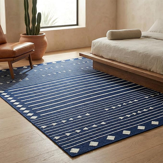 Fab Habitat Machine Washable Area Rug - Hand Woven, Stain Resistant, Pet Friendly, Reversible - Premium Recycled Polyester Yarn - Aztec, Kilim - Bedroom,Living Room - Flagstaff - Navy/White - 4 x 6 ft