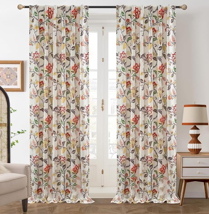DriftAway Ada Floral Botanical Print Flower Leaf Lined Thermal Insulated Room Darkening Linen Blackout Back Tab Window Curtains 2 Layers Set of 2 Panels Each 52 Inch by 96 Inch Orange Terra Cotta