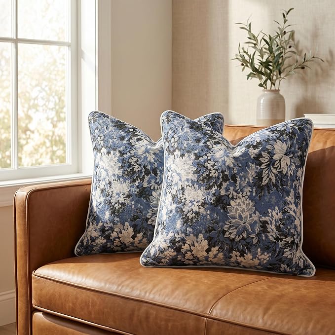 Vintage Floral Throw Pillow Covers 18x18 Inches Set of 2 Boho Farmhouse Pillow Cases Premium Chenille Textured Decorative Cushion Covers for Couch Retro Garden Farmhouse Style Blue