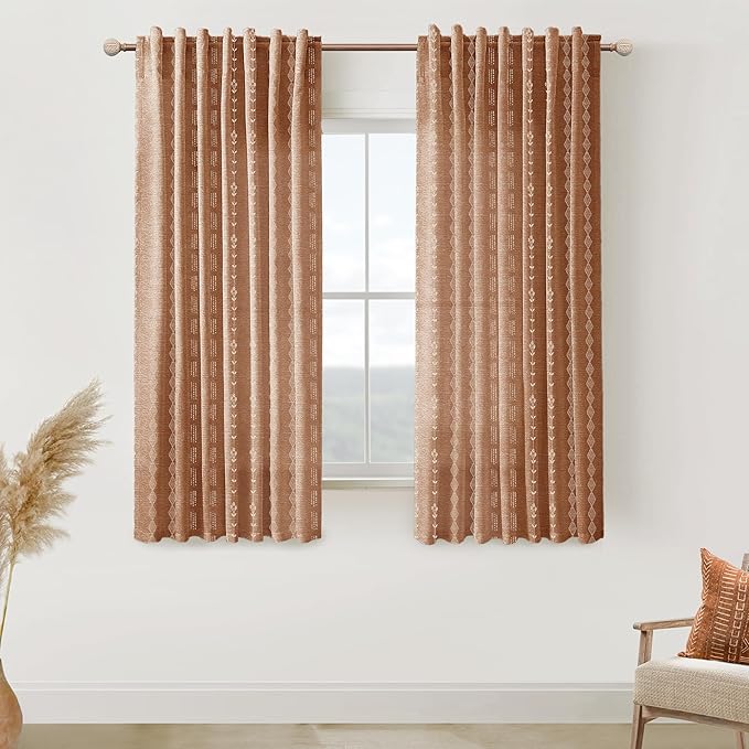 Terracotta Sheer Linen Boho Patterned Curtains 64 Inches Long for Living Room 2 Panel Sets