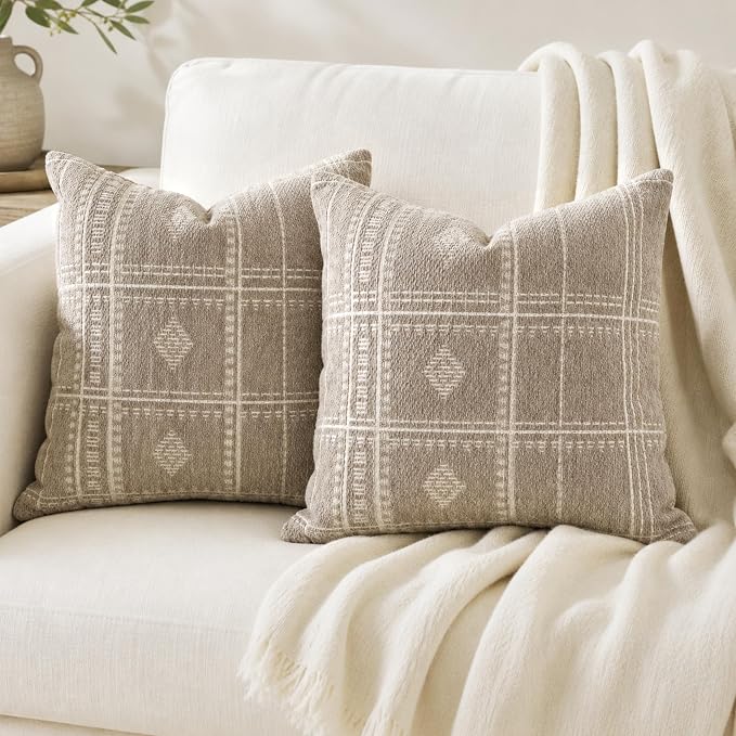 BlissBlush Decorative Throw Pillow Covers 20x20 Set of 2, Boho Textured Chenille Accent Throw Pillow Covers for Couch Sofa Bed Living Room Home Décor Taupe (Cover Only)