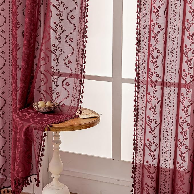 WAZZIO Boho Lace Curtains 2 Panels 84 Inch -Victorian Sheer Panel Drape French Country Floral Pattern & Tassel Light Filtering Privacy for Bedroom Dining Living Room,Burgundy Red,W52x L84