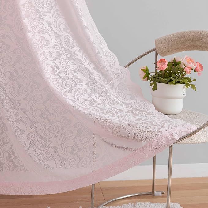 Pink Lace Curtains 72 Inches Long 2 Panels, Floral Coquette Sheer Drapes | Vintage Floral Lace, Feminine Elegant, for Grils Bedoom Nursery, Light Filtering, Cutecore Room Decor, 52W x 72L Inch