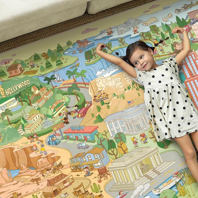 Patriotic Large 8x10 Kids Playroom Rug – North America Geography Carpet with Landmarks, Wildlife & U.S. Presidents – Giant Educational Area Rug for Homeschool, Daycare, Classroom, or Pretend Play Area