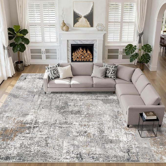10x14 Area Rugs Living Room: Washable Large Abstract Modern Soft Rug Stain Resistant Indoor Floor Non Slip Accent Carpet for Bedroom Nursery Playroom Office Dining Room Dorm Home House- Gray Rust