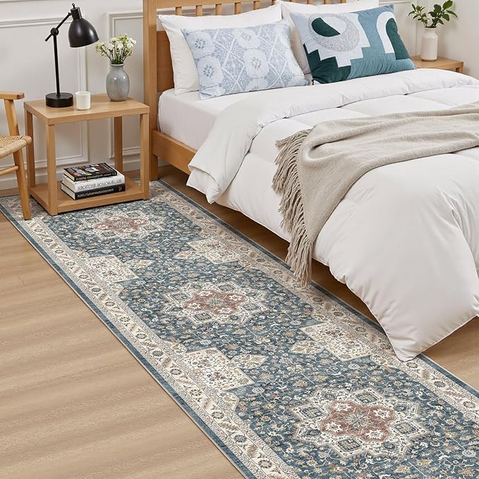 Vintage Hallway Runner Rug 2x6: Large Soft Washable Entryway for Kitchen Laundry Room Non-Slip Backing Runner for Entrance Living Room Bedroom Bathroom - Vintage Blue