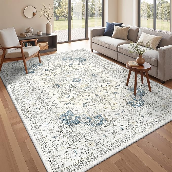 Area Rugs for Living Room - 4x6, Boho Non-Slip Low Pile Carpet Washable Rugs for Bedroom,Office, Dining Room (BeigeBlue)