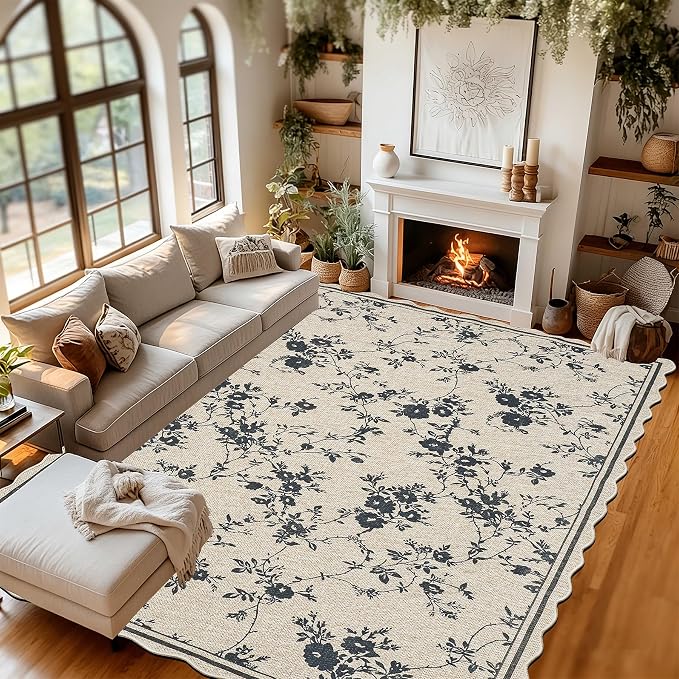 ORTIGIA Scalloped Easy Jute 5x7 Area Rug Vintage Black Floral Farmhouse Washable Rug Non-Slip Indoor Outdoor Carpet for Living Room Bedroom Patio Entryway