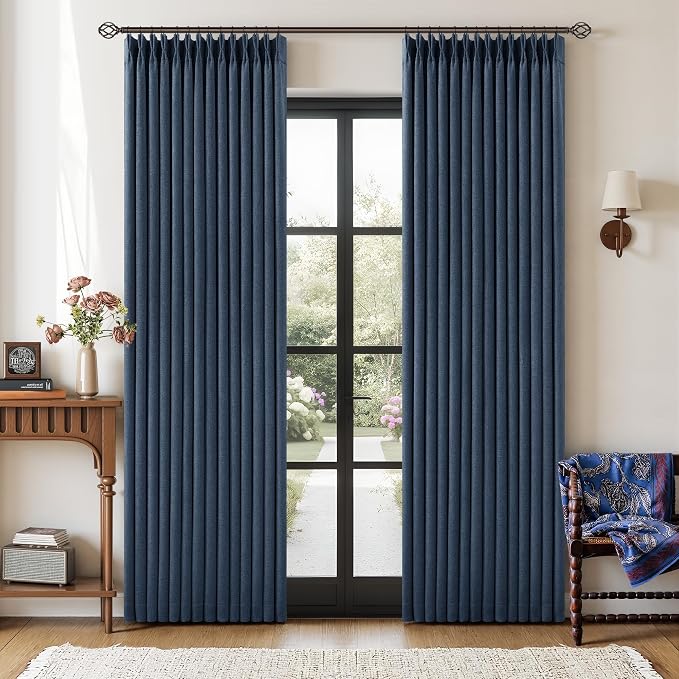 Navy Blue 84 Inch Pinch Pleated Blackout Textured Linen Curtains for Bedroom 2 Panels Memory Trained 100% Black Out Room Darkening Window Curtains Double Layer Pinch Pleat Drapes
