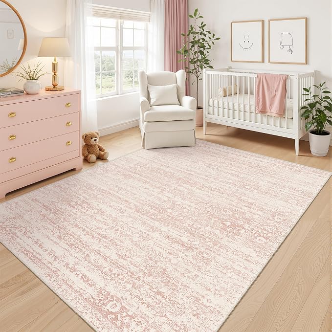 Soalmost Pink 5x7 Area Rugs for Baby Girl Nursery, Washable Soft Rugs | Vintage Floral Non-Slip Low Pile Throw Carpet for Living Room Dining Room Bedroom Kids Playroom 5'x7'