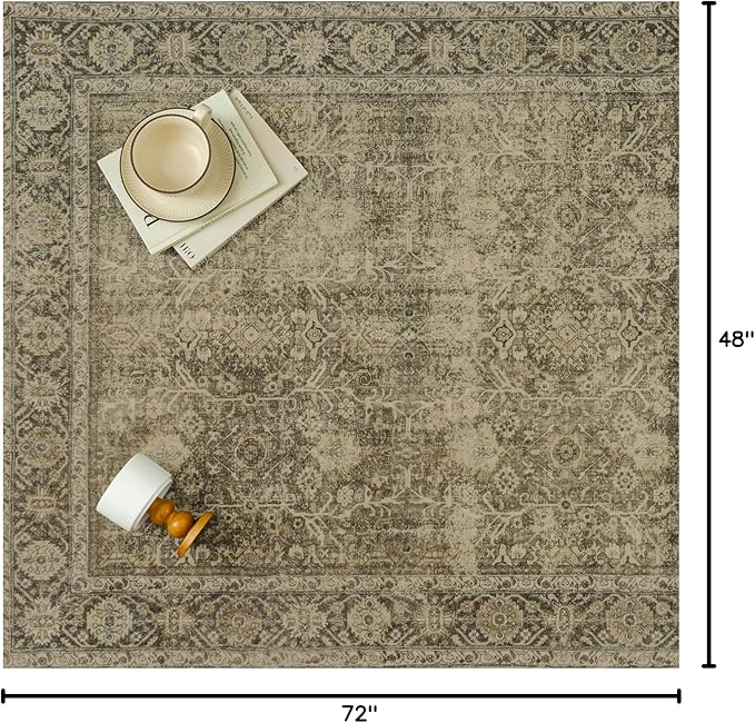 PureCozy Vintage Area Rug 4x6 Light Brown Bedroom Indoor Kitchen Washable Living Room Carpet Tribal Distressed Retro Accent Throw Rug for Office Dining Room Bathroom Faux Wool