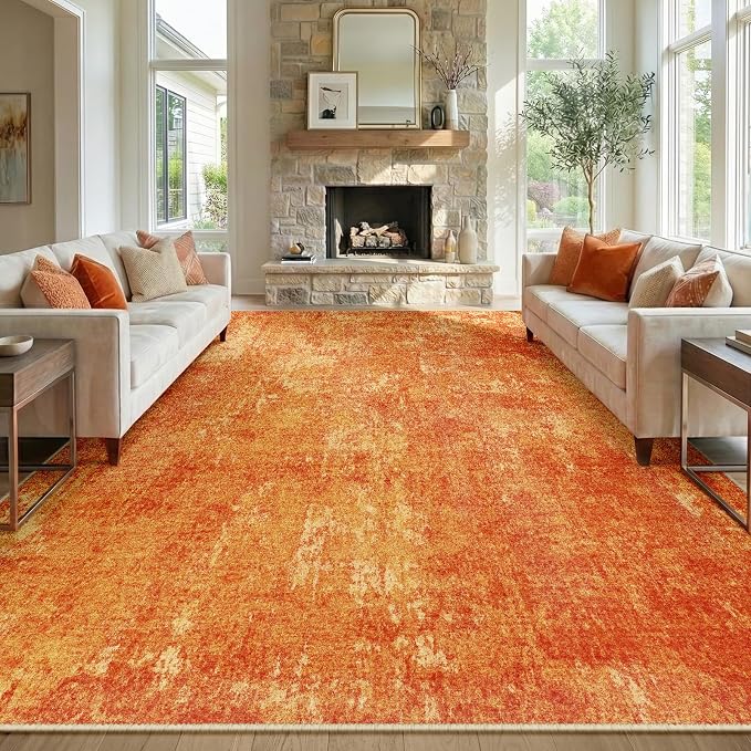 RELEANY Washable Area Rugs 9'x12' Non-Slip Modern Abstract Soft for Living Room Entryway Bedroom Kitchen, Print Pattern, Orange