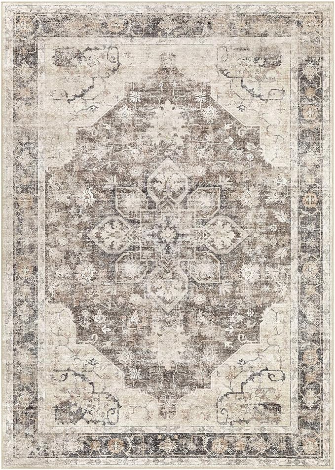 Area Rug for Living Room - 10X12 Soft Washable Vintage Floral Distressed Large Carpet - Fade Stain Resistant Non Slip Rugs for Bedroom Dining Room Nursery Dorm Office Home Decor - Dark Brown