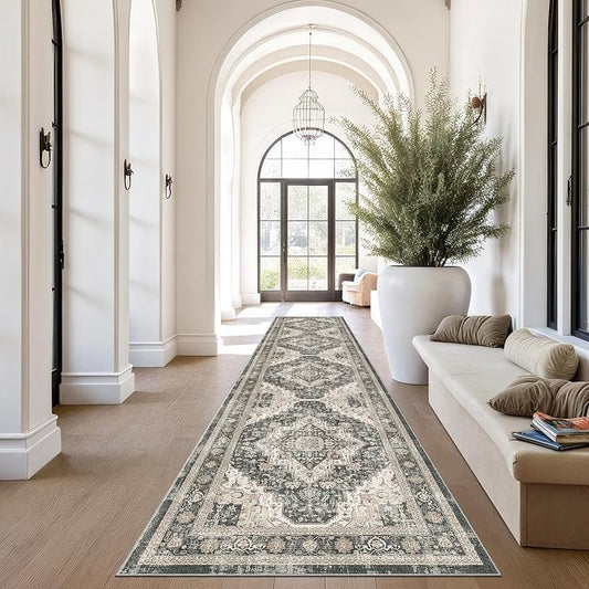 Roxstand Washable 2.6x12 Hallway Runner Rug, Black/Beige | low-pile carpet, non-slip backing,12ft long runner, stain resistant, for kitchen, laundry room, entryway, pet friendly