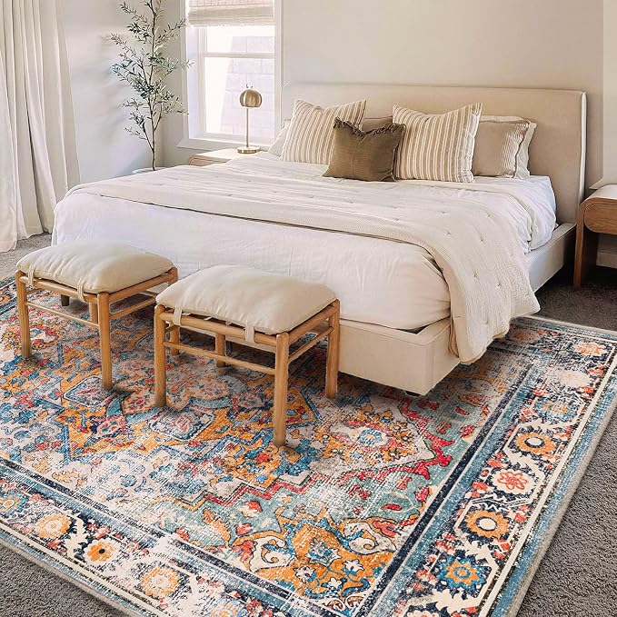 CHAMPLANT Washable Area Rug 10'x14' Boho Chic Medallion Distressed Design Non-Shedding Easy Care Ideal for High Traffic Areas in Living Room Bedroom Office Coffee Table Large Carpet