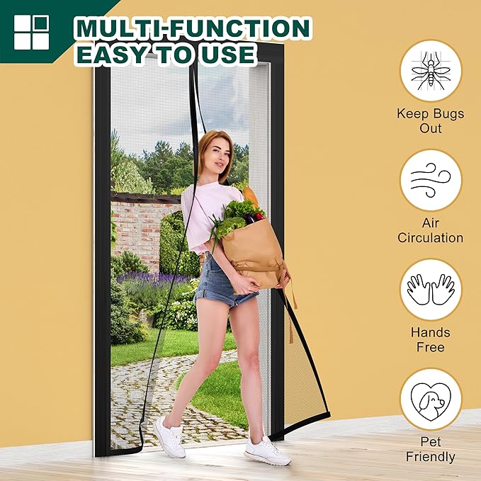 HADOR Adjustable Magnetic Screen Door Fit Door Size Width 29" - 33" Height 79" - 81", DIY Widen Heavy Duty Door Net Screen Mesh with Strong Magnet for Front Back, Black