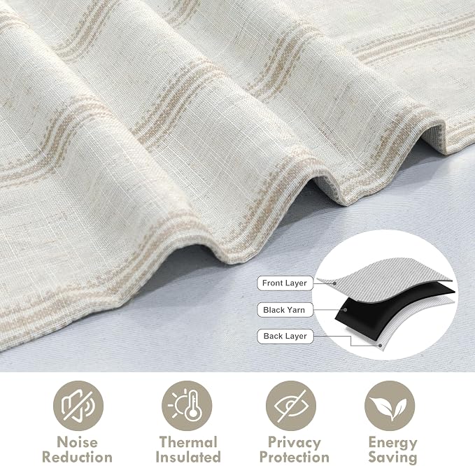 DriftAway Farmhouse Linen Lined Valance 2 Layer Thermal Insulated Room Darkening Blackout Window Valances Rod Pocket Vertical Striped Kitchen Valance for Bathroom Single 52 x 14 Inch Camel Beige