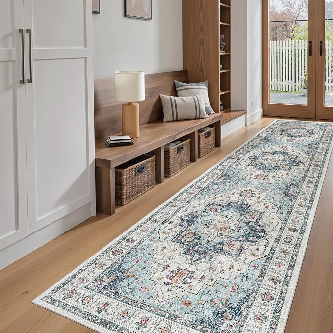 Madane Hallway Runner Rug 2'6''x10' Blue, Washable Vintage Kitchen Runners | Non-Slip Rugs 10ft for Laundry Room, Entryway and Bedroom, Soft Low Pile Stain-Resistant Wide 2.5x10 Ft Floor Carpet