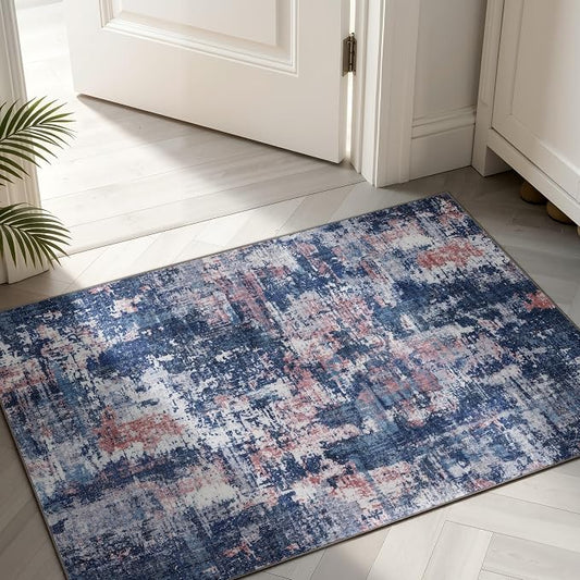 Sasttie 2x3 Area Rug for Entryway, Washable Modern Abstract Small Carpet for Living Room Bedroom Door-mat, Soft Entry Rug with Non-Slip Backing, Pink and Blue