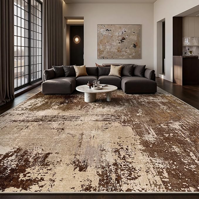 10x12 Area Rugs - Modern Abstract Washable Rug, Ultra Soft Non Slip Low Pile Large Brown Rugs for Living Room, Floor Carpet for Bedroom Dining Room Office Laundry Nursery Home