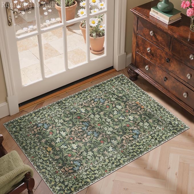 GENIMO 2x3 Washable Kitchen Rug, Non Slip Indoor Door Mat, Emerald Green | Vintage Boho Floral Low Pile Entryway Mat for Bathroom, Front Door and Laundry Room
