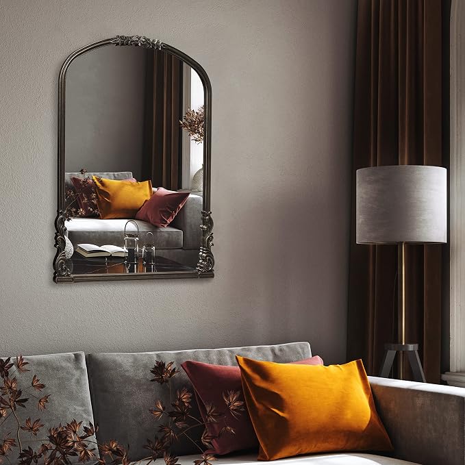 Wylde Iris English Estate Carved Arch Wood Wall Mirror, Mirror for Entryway, Living Room, Bathroom, Antique Black, 28.4x35