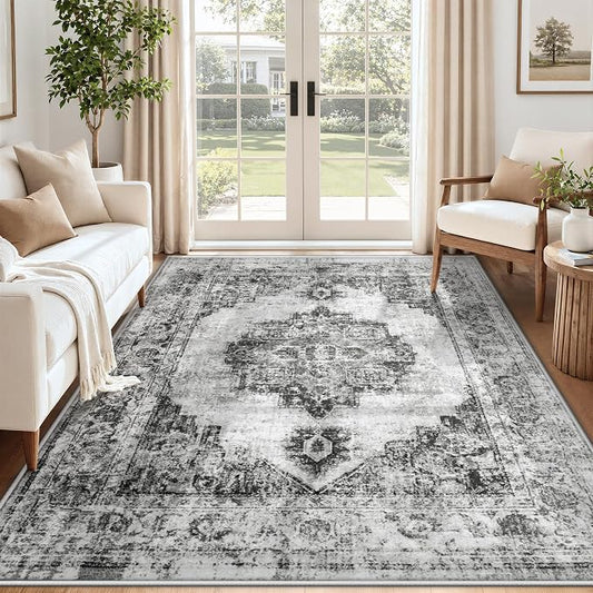 Area Rug 5x7 Vintage Rugs: Washable Indoor Medallion Rug Low Pile Distressed Floor Carpet Retro Accent Rugs for Living Room Bedroom Kitchen Dining Table Home Office(Black, 5'x7')