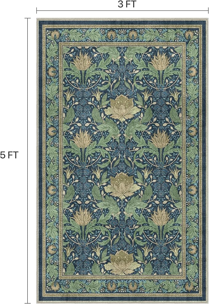 Bavni 3x5 Area Rugs, Floral Machine Washable Rugs for Living Room, Dinning Room, Bedroom, Non Slip Aesthetic Vintage Low Pile Durable Lightweight Farmhouse Rug, Tea Green/Blue