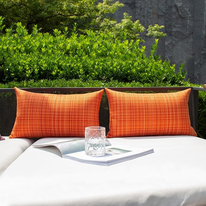 Kevin Textile Outdoor Waterproof Throw Pillow Covers 12x24 Inch Pack of 2 Woven Faux Linen Farmhouse Decorative Water Resistant Lumbar Cushion Covers for Tent Patio Garden Couch Sofa Orange