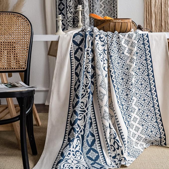 VOGOL Boho Semi Blackout Curtains, Geometric Printed Decorative Window Treatments for Bedroom, 1 Panel Rod Pocket Drapes for Living Rest Room, 52 x 96 Inches, Blue