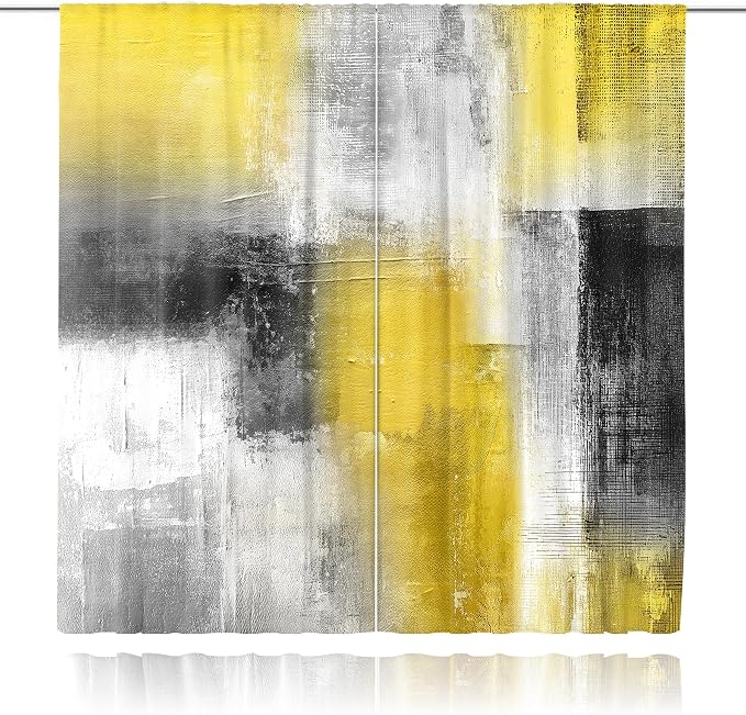MESHELLY Yellow Grey Curtains 42Wx63H Inch Rod Pocket Abstract Geometric Square Watercolor Blocks Contemporary Oil Paint Bedroom Window Drapes Colorful Aesthetic Printed Living Room Window Treatment