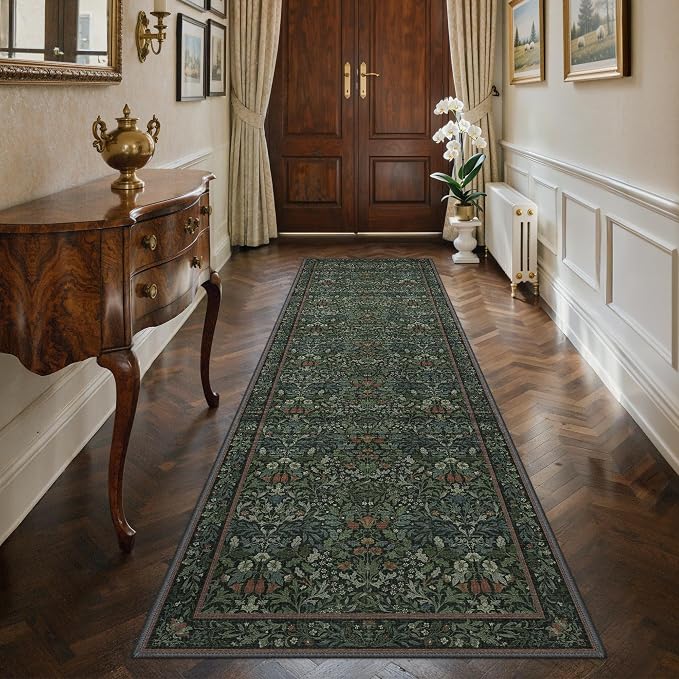 GENIMO 2x10 Washable Long Runner Rug, Non Slip Hallway Mat, Dark Green | Vintage Boho Floral Low Pile Thin Mat for Entryway, Kitchen, Bedroom, Indoor Decor