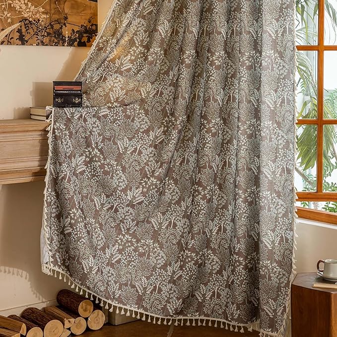 OYX Vintage Curtains 63 Inch, Farmhouse Curtain Botanical Drapes with Tassels, Linen Textured Light Filtering Semi Sheer Curtains for Living Room Bedroom,2 Panels,Rod Pocket, 52Wx63L