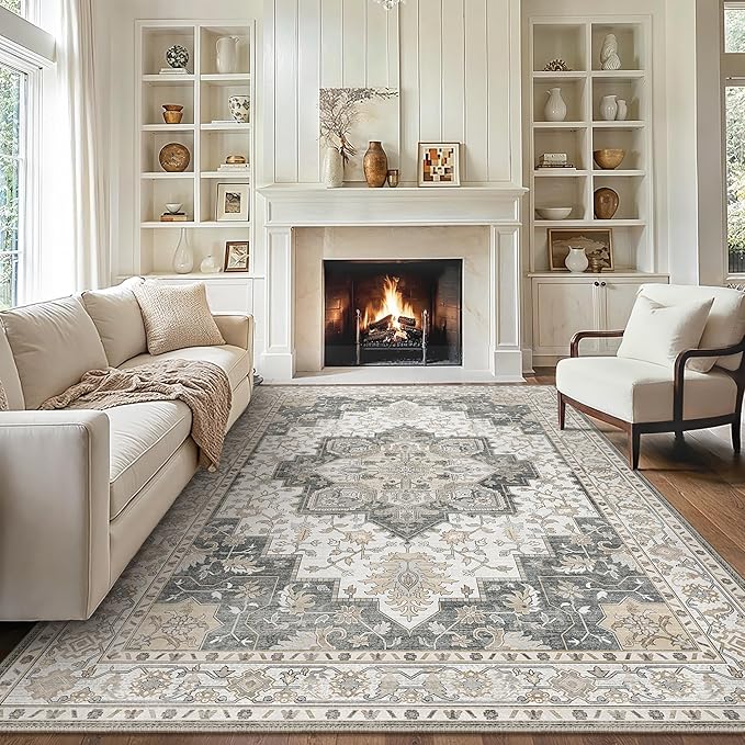 GENIMO 10x14 Area Rugs for Living Room, Machine Washable Non Slip Vintage Rugs, Low Pile Lightweight Print Rug for Bedroom, Dining Room, Home Office, Heathered Grey