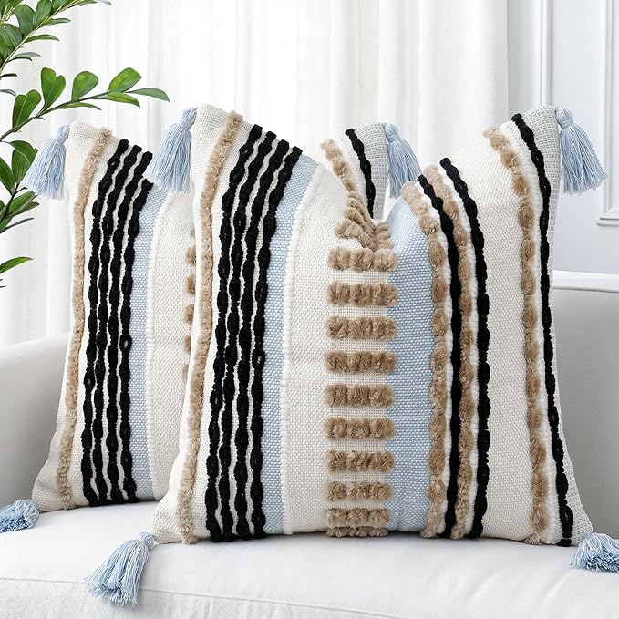 NUYECY Boho Throw Pillow Covers 16x16 Aesthetic Neutral Boucle Couch Pillow Cover Rainbow Striped Decorative Accent Pillow Case for Couch Bed Sofa Farmhouse Bedroom,Modern Funky,Set of 2 Khaki