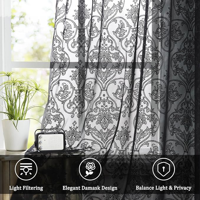 Black Lace Curtains 84 inch Damask Sheer Curtain Panels for Living Room Bedroom Luxury Vintage Light Filtering Victorian Drapes Black Window Treatment Sets Rod Pocket 2 Panels 54" W