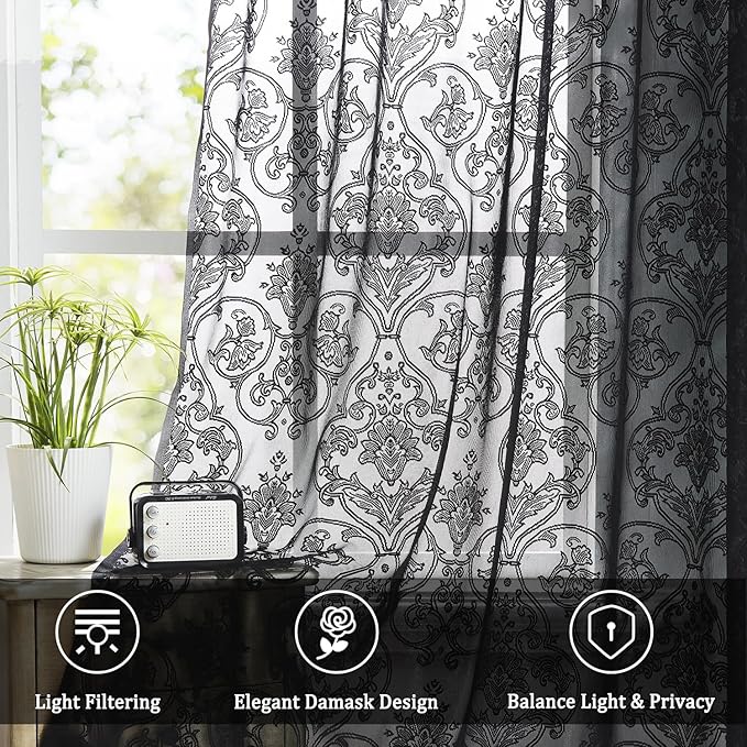 Black Lace Sheer Curtains 95 Inch Long Vintage Floral Curtains for Living Room Bedroom Rod Pocket Light Filtering Victorian Window Treatments Victorian Crochet Decorative Curtains 2 Panels
