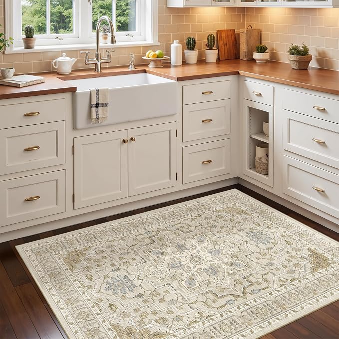 Madane Washable Entry Rug 3x4 Area Rugs for Entryway Kitchen, Beige/Blue | Vintage Printed Door Mat Indoor Entrance, Low-Pile Floor Carpet Runner for Inside Front Bedroom Kitchen Entry Laundry, Stair