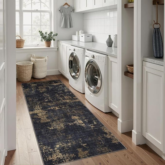 Sasttie 2x8 Soft Runner Rug for Entryway, Modern Abstract Washable Carpet for Hallway, Kitchen and Laundry Room, with Non-Slip Backing, Black and Gold
