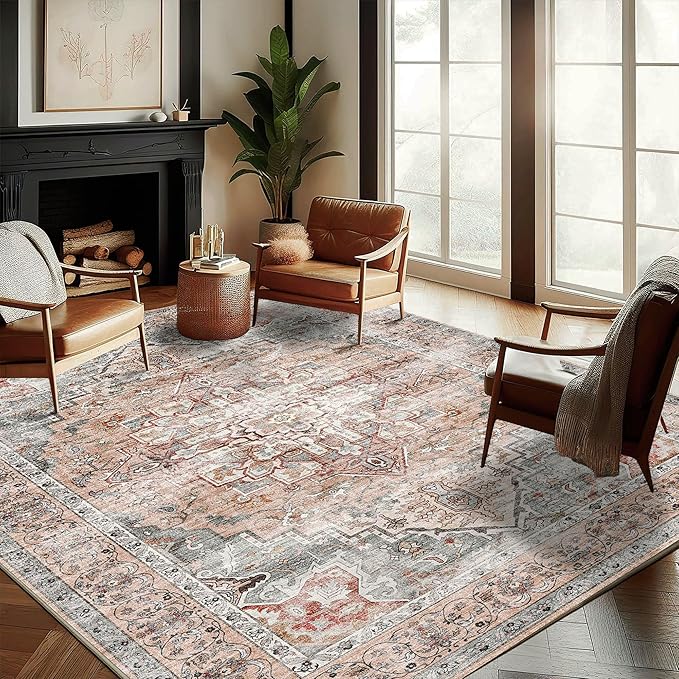 CHAMPLANT Washable Area Rug 8'x10' Light Cyan and Light red Retro Boho Design Non-Shedding Non-Slip Easy Care Ideal for High Traffic Areas in Living Room Bedroom Office Kitchen Large Carpet
