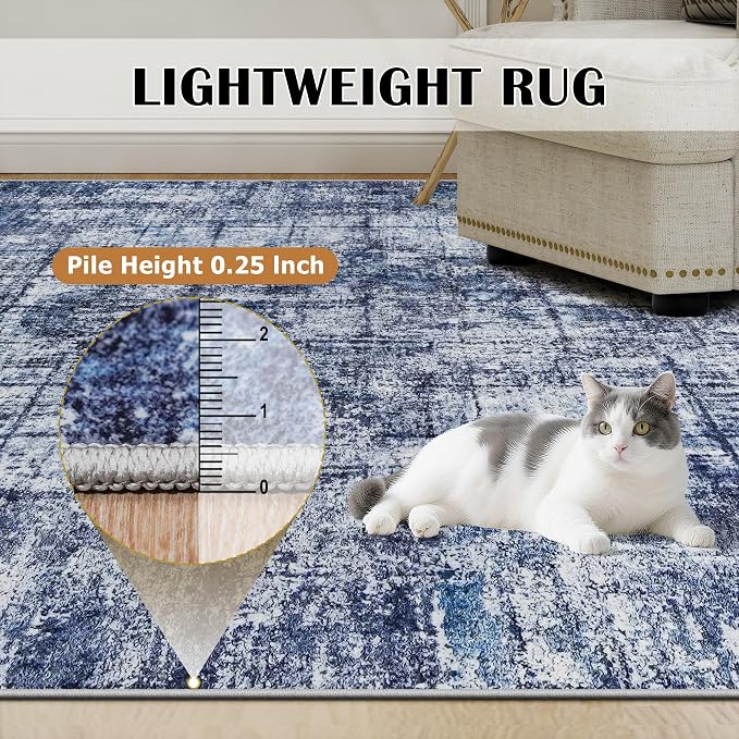 10x14 Area Rugs for Living Room Washable Rug: Anti-Skid Abstract Modern Living Room Rug Soft Thin Carpets Indoor Floor Non-Shedding Carpet for Bedroom Dining Farmhouse Nursery Navy Light Gray