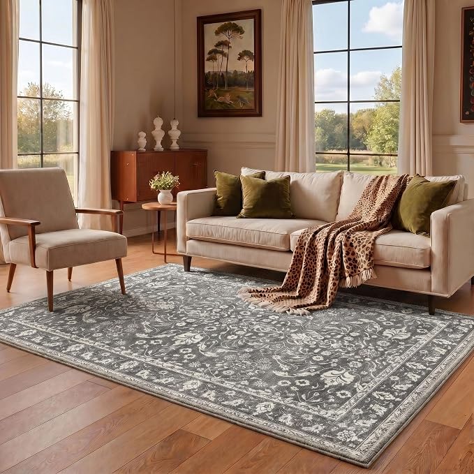 Bavni 2x3 Doormat, Machine Washable Runner Rug Non Slip, Vintage Floral Floral Rugs for Entrance, Lightweight Low Pile Carpet for Hallways Kitchen and Corridor, Charcoal Gray