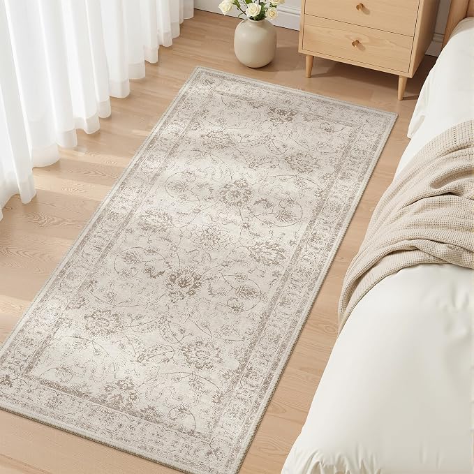 Madane 2x4 Washable Rugs for Entryway, Low Pile Non-Slip Small Area Rug Kitchen Door Mat, Vintage Soft Throw Neutral Rug Floor Mat for Indoor Front Entrance Bathroom Hallway (2 x 4, Brown/Ivory)