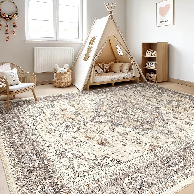 LOONGRUG 12x18 Rug Living Room: Washable Boho Large Neutral Vintage Soft Rugs Stain Resistant Farmhouse Non-Slip Indoor Floor Carpet for Bedroom Nursery Kids Playroom Office Dining Room- Beige Brown