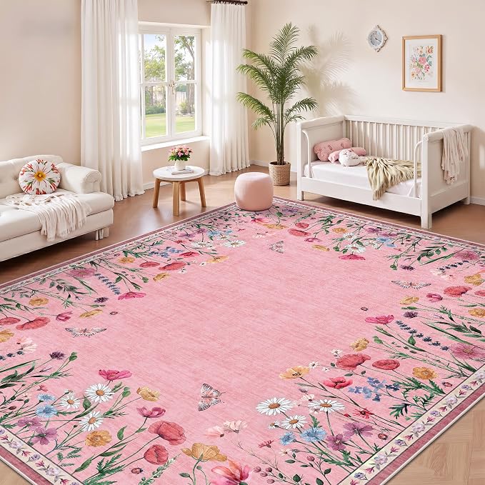 8x10 Area Rugs, Machine Washable Low Pile Floral Rugs for Living Room, Bedroom, Large Area Rug with Non-Slip Backing for Dining Room(Pink)