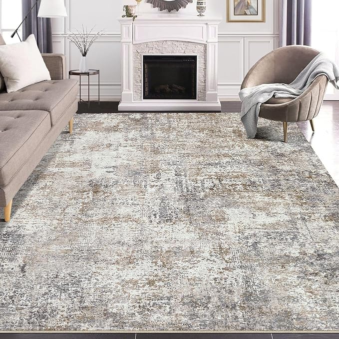 DMOYEST Area Rug Living Room Rugs - 7x9 Abstract Large Soft Indoor Washable Rug Neutral Modern Low Pile Carpet for Bedroom Dining Room Farmhouse Home Office - Brown/Grey/Black